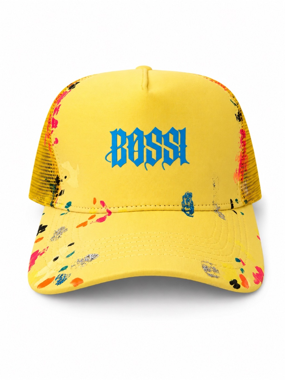 Vintage Yellow 'Bossi' Paint-Splatter Trucker Hat/ Adjustable Strap